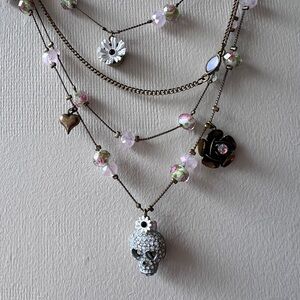 Betsey Johnson Pink and Silver Skull Charm Necklace, Feminine Attitude, EUC π